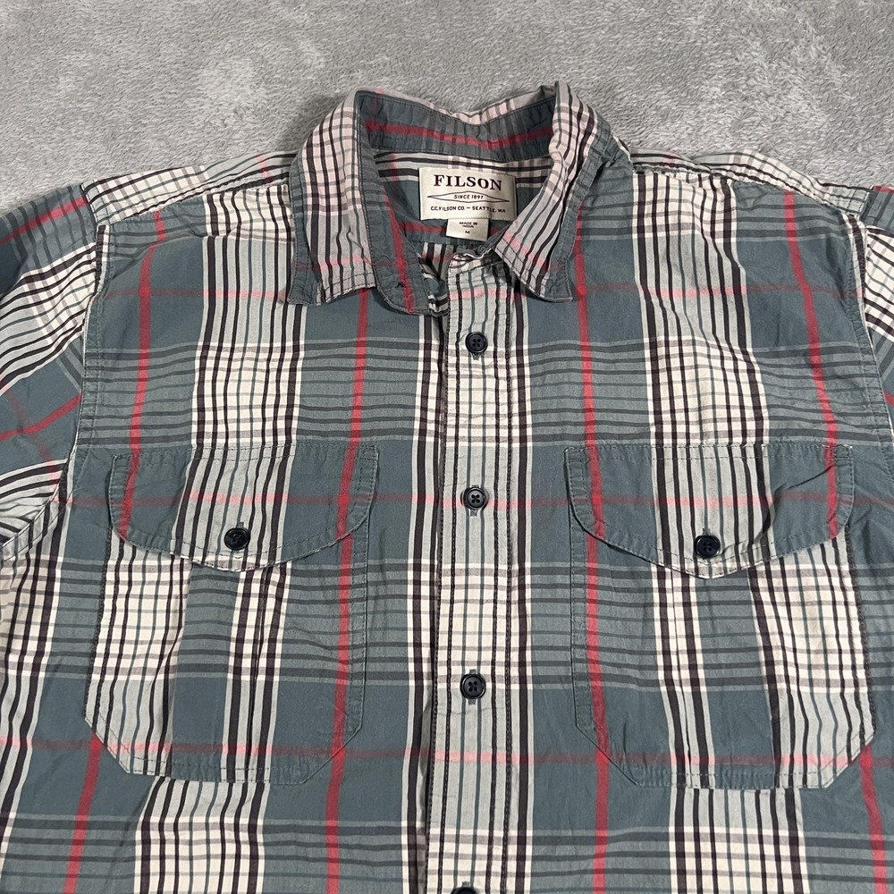Filson Shirt Mens Medium Gray Red Plaid Long Sleeve Button Front Two Pocket
